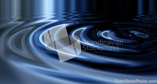 Image of Animated, 3D and VFX silver shiny waves making ripples in liquid blue color substance. Texture, movement and a futuristic pool with glowing water or fluid for a vaporwave aesthetic background