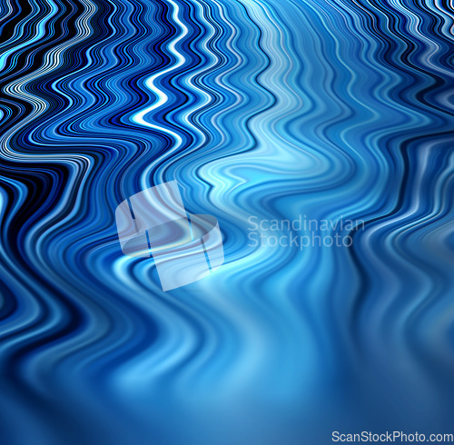 Image of Waves, ripple and blue with waveform pattern and mockup for 3d, digital and texture. Energy, design and futuristic with liquid in background for abstract, sustainability and art deco graphic