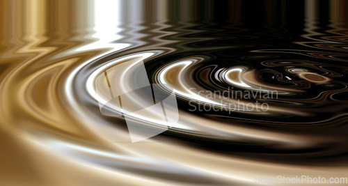 Image of 3D wallpaper of liquid ripples or silver shiny circular lines with a metallic reflection on the surface. Texture, effect and artistic pattern of movement in a chrome pool with glowing zen water