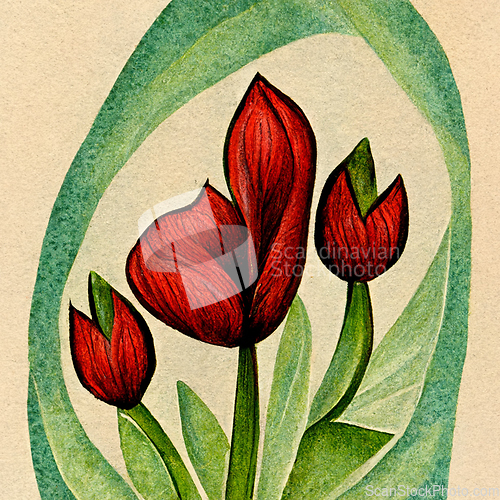 Image of Watercolor red tulip flowers.