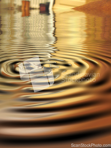 Image of Waves, ripple and gold with water drop pattern with mockup for 3d, digital and texture. Environment, design and futuristic with liquid in background for abstract, sustainability and art deco graphic