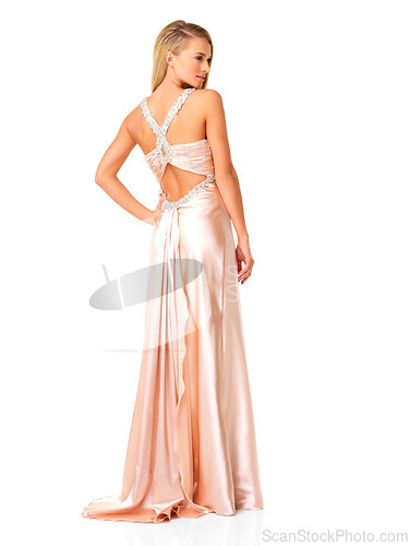 Image of Fashion, glamour and elegant while wearing a dress or evening gown as a wedding bridesmaid or for prom against white studio background. Classy and beautiful young woman attending fancy party or event