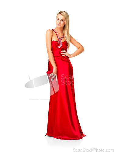 Image of Fashion, beauty and elegant woman in red dress or evening gown for prom, bridesmaid or formal event against white studio background. Beautiful lady feeling confident in designer wear and accessories