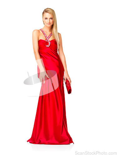 Image of Young and elegant woman in a red dress or fancy gown while feeling confident and beautiful against a copy space background. Lady wearing designer clothes and accessories for prom, bridesmaid or event