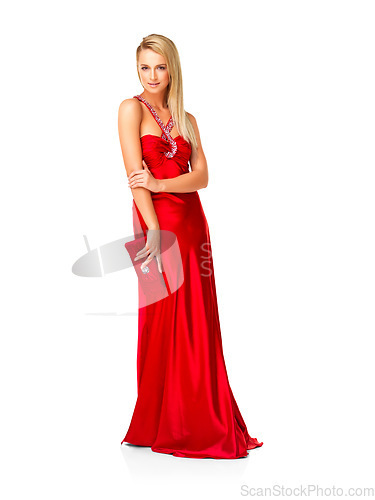 Image of Fashion, beauty and portrait of woman in prom dress for party, celebration and formal event. Couture, designer and luxury with girl in evening gown for ball, elegant and wedding in white background