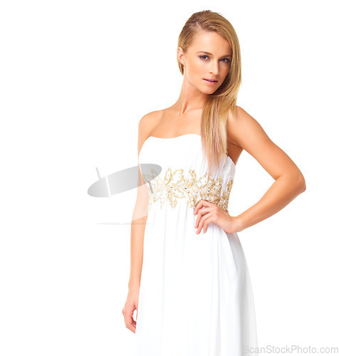 Image of Fashion, beauty and portrait of woman in prom dress for party, celebration or formal in mockup. Couture, designer or luxury with girl in evening gown isolated on white background for elegant style