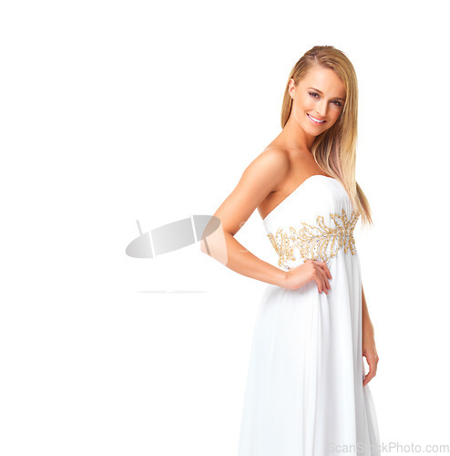 Image of Fashion, beauty and portrait of woman in prom dress for party, celebration or formal in mockup. Couture, designer or luxury with girl in evening gown isolated on white background for elegant style