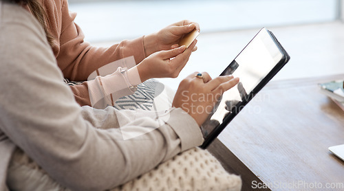 Image of Hands, e commerce and women with tablet and credit card for online shopping at home, retail and internet banking. Sale, discount and fintech for female people with payment for purchase with bank app