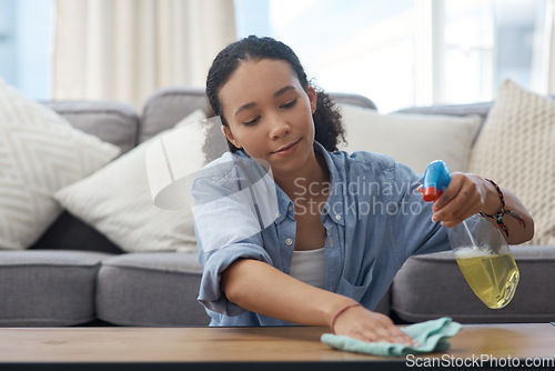 Image of Woman, cleaner and spray bottle, wipe wooden table with detergent and cloth, chemical disinfectant and housekeeping. Spring cleaning, service and female housekeeper with liquid soap and clean house