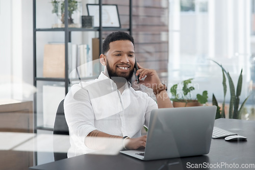 Image of Laptop, phone call and email with a business man at his desk in the office for communication or planning. Computer, mobile and contact with a male employee working online for company negotiation