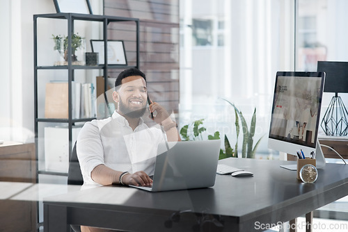 Image of Laptop, phone call and contact with a business man at his desk in the office for communication or networking. Computer, mobile and planning with a male employee working online for company negotiation