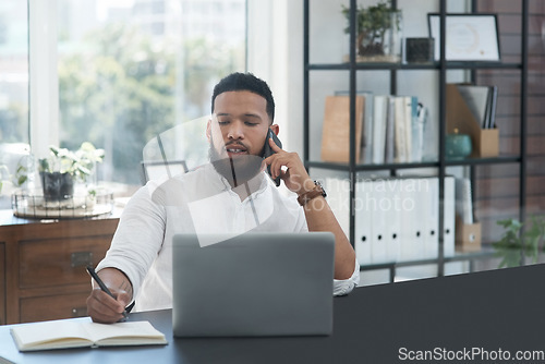Image of Laptop, phone call and notebook with a business man at his desk in the office for communication or networking. Computer, mobile and writing with a male employee working online for company negotiation