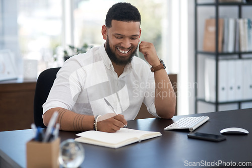 Image of Business, writing and man with a smile, startup and planning for growth, project and feedback in a modern office. Male person, employee and entrepreneur with a notebook, ideas and career with success