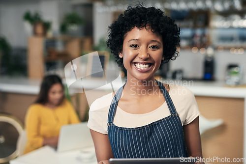 Image of Happy woman, tablet and portrait smile of waitress in small business management or leadership at cafe. Face of female person or barista smiling in confidence or service with technology at coffee shop