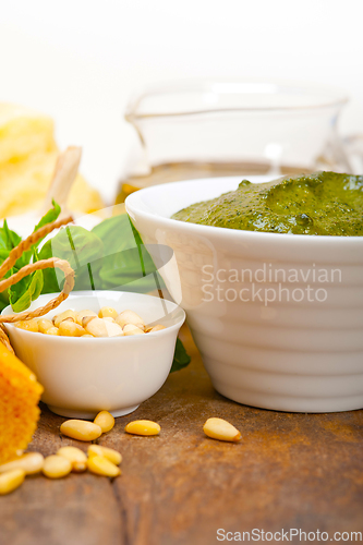 Image of Italian traditional basil pesto pasta ingredients