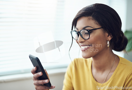 Image of Phone, typing and happy woman reading online, social media post or networking on internet for job search. Creative, communication and african person in glasses, texting on mobile app or chat at home