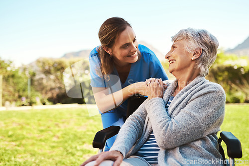 Image of Senior woman, nurse and wheelchair in life insurance, healthcare support or garden at nursing home. Happy elderly female and caregiver for person with a disability, health or retirement in nature