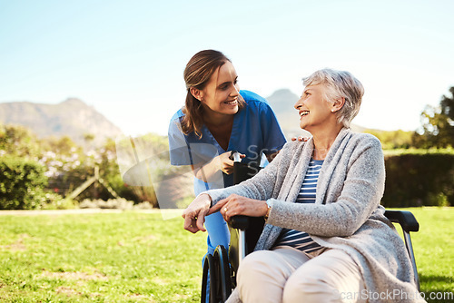 Image of Senior woman, nurse and wheelchair for healthcare support, life insurance or garden at nursing home. Happy elderly female and caregiver helping patient or person with a disability in nature outdoors