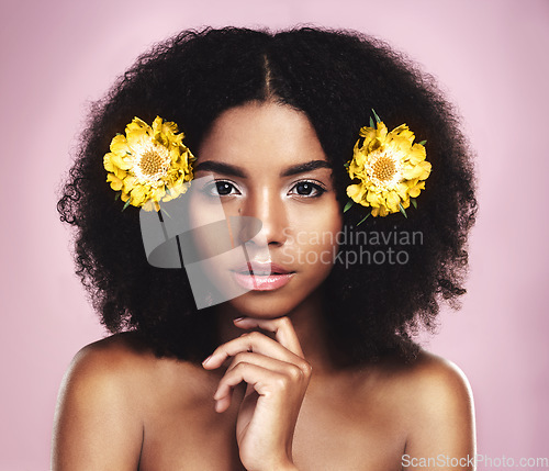 Image of Face, serious woman and flowers for hair care in studio, pink background and beauty of floral aesthetic. Portrait of african model, natural skincare and yellow plants in afro of sustainable cosmetics