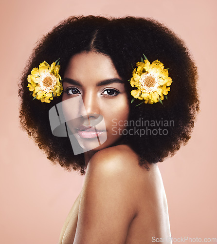 Image of Face of serious woman, flowers and hair in studio background for beauty, eco friendly aesthetic and glow. Portrait of african model, natural skincare and floral plants in afro for sustainable makeup