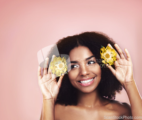 Image of Woman, studio and thinking of flowers in hair on mockup background, floral aesthetic and sustainable choice. Happy face, african model and daisy plants in afro for beauty, ideas and natural skincare