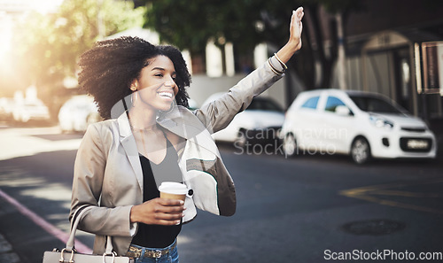 Image of Business woman, travel and hands for taxi, lift or street transportation in the city outdoors. Happy female waving hand and waiting for transport, ride or pickup on road sidewalk in an urban town