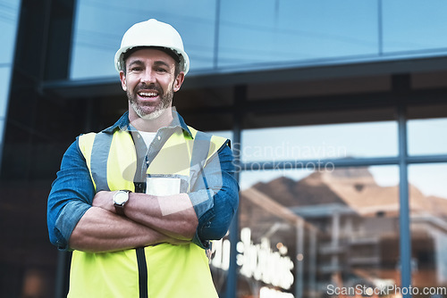 Image of Engineering, building and arms crossed with portrait of man in city for planning, designer or industry. Architecture, project management or infrastructure with male contractor on construction site