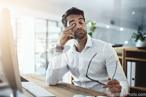 Image of Stress, tired and a man at work with burnout, email problem or anxiety from a deadline. Corporate, working and a businessman with fatigue, mental health issue and mistake in professional job