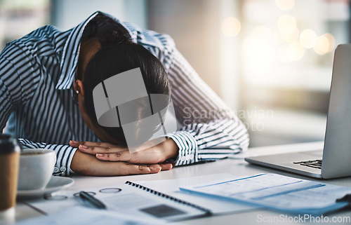 Image of Sleeping, stress and business woman in office for headache, overworked and tired. Exhausted, burnout and mental health with female employee resting at desk for fatigue, dreaming and frustrated