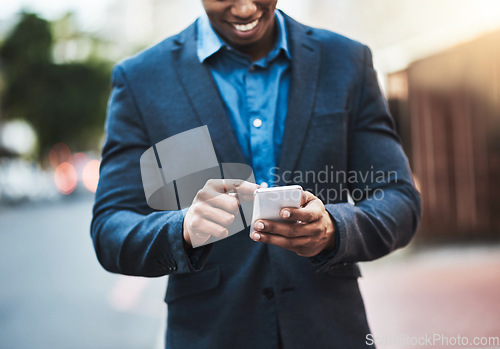 Image of Business, smartphone and hands of man in city for networking, online website and social media contact. Communication, mobile app and male person on phone for email, research and travel gps in street