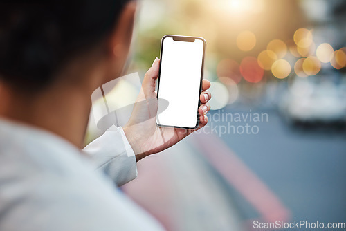 Image of Mockup, phone screen and hands of person in city for networking, online gps and social media ui. Communication, travel mobile app and man on smartphone for promotion, copy space and branding in road