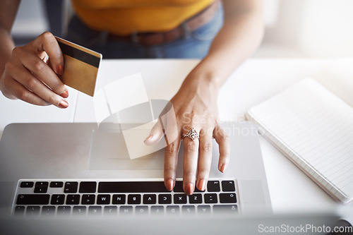 Image of Hands, laptop and top view of woman with credit card for ecommerce, deal or discount in home office. Online shopping, payment and female person with debit, banking or budget planning from above