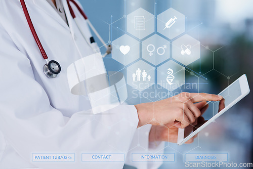 Image of Doctor, hands and tablet with icons hologram, technology abstract and overlay with healthcare UI and digital transformation. Tech innovation in medicine, medical professional person and digital app