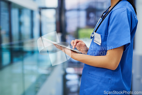 Image of Nurse scroll tablet, woman with digital healthcare information and technology, medical professional in hospital. Hands of female person in medicine, review health chart for diagnosis and mockup space