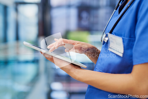 Image of Nurse, hands and tablet, woman scroll through digital healthcare information and technology. Female person in medicine, review health chart for diagnosis or schedule with medical staff in hospital