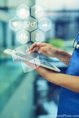 Image of Nurse, hands and tablet with icons hologram, technology abstract and overlay with healthcare UI and digital transformation. Tech innovation in medicine, medical professional person and digital app