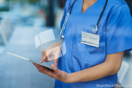 Image of Nurse, hands and tablet, woman check digital healthcare information and technology. Female person in medicine, scroll and review health chart for diagnosis or schedule with medical staff in hospital