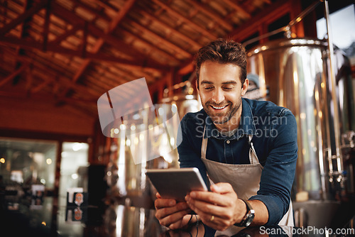 Image of Tablet, beer and brewery with man in factory for production, manufacturing and alcohol fermentation. Technology, inspection and digital with business owner for distillery, storage and quality control