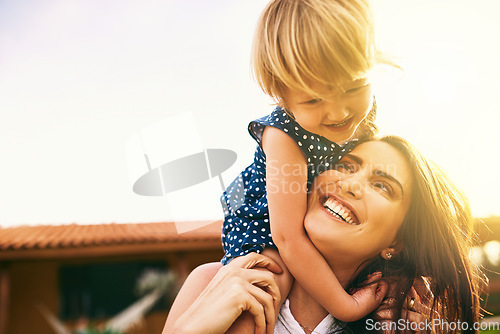 Image of Happy mother, piggyback or kid playing on mockup for fun bonding in summer outside house in nature. Mom carrying on shoulder a playful girl child playground outdoors with happiness of family together