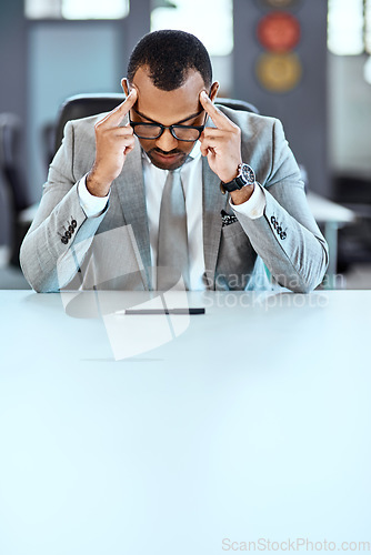 Image of Business man, headache and stress with burnout, mental health problem and crisis with corporate fatigue. Male professional with migraine, pain and tired, depression and anxiety with mockup space