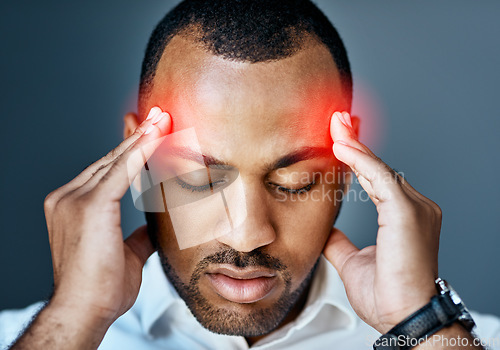 Image of Business man, headache and stress with red overlay, mental health problem and crisis with corporate burnout. Male professional face with pain, migraine and hands massage temple on studio background