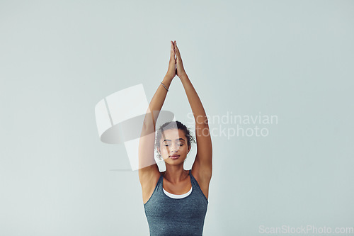 Image of Yoga, meditation and woman on a white background for wellness, breathing exercise and healthy body. Fitness, zen mockup and female person meditate for calm, peace and relax for balance and wellbeing