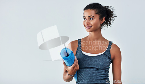 Image of Yoga, fitness and face of woman with mat for wellness, exercise and healthy body on white background. Happy, pilates mockup and female person ready for workout for balance, wellbeing and training