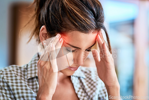 Image of Headache, woman and hands on head for pain, stress and burnout or brain fog or temple massage for anxiety, fatigue or hurt. Person, migraine or mental health problem with sore or vertigo overlay