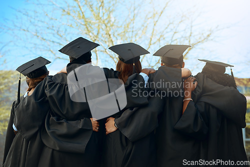 Image of Embrace, group of graduates and together with joy on graduation day or celebrating academic achievement and outdoors. Certification, young students and hug outside or robes or hats and education