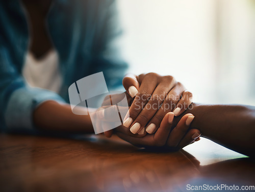 Image of Empathy, love and support with friends and holding hands for comfort, kindness and gratitude. Hope, help and trust with closeup of people at home for depression, praying and forgiveness