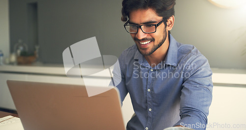 Image of Happy man, teacher and laptop in classroom for education, elearning and planning teaching of lecture, tutor and school knowledge. Educator working on computer in research, online course and academic