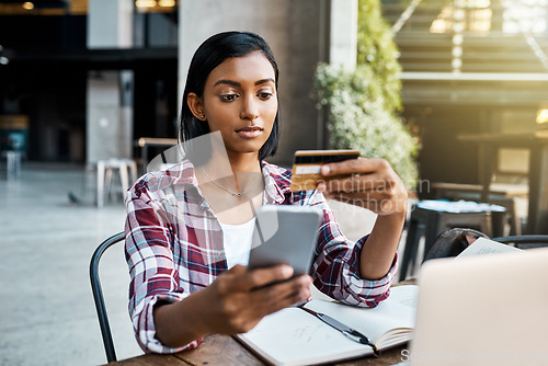 Image of Woman, student and phone with credit card for ecommerce, wireless payment or campus loan. Female person or university learner on mobile smartphone app for online shopping, debit or banking at college