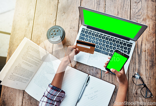 Image of Woman, hands and credit card on technology with green screen in ecommerce, payment or purchase above at cafe. Top view of female person hand holding phone and laptop mockup display in online shopping