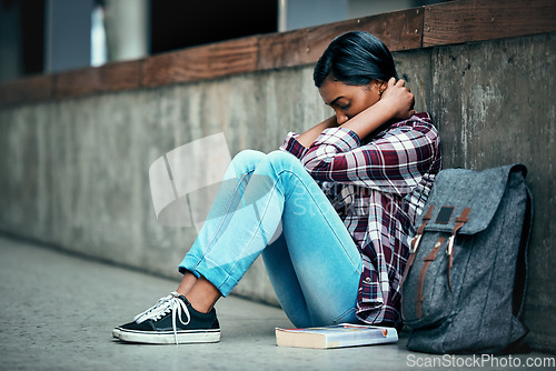 Image of Student, anxiety and woman with burnout, university and depression with mental health issues, problems and frustration. Female person, academic or girl with backpack, stress or headache with deadline